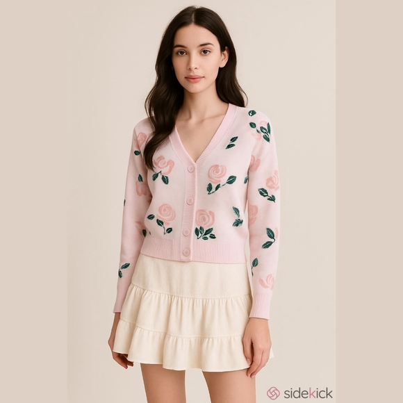 Floral Pink Rose Print Cardigan Sweater Button Front Top Size Small Women's - Picture 3 of 13